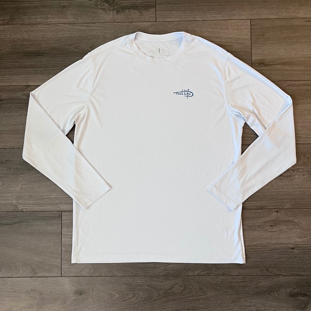 Reel Life Mens White Long Sleeve Fishing Performance Shirt Graphic Size Medium